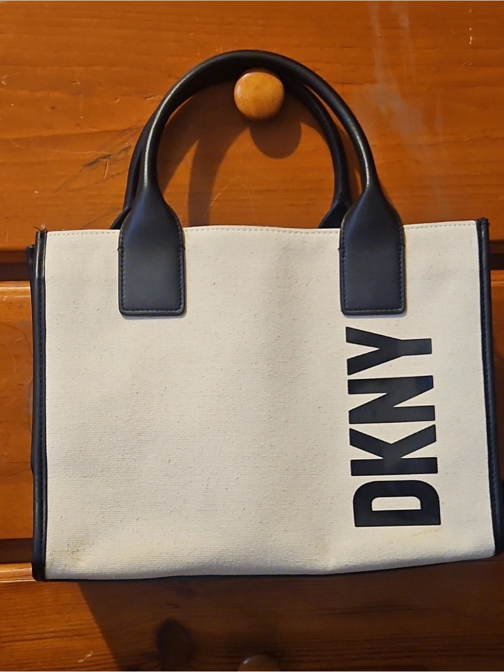 DKNY Cream Candace Medium Canvas Tote with Black Trim Handbag Detachable Strap